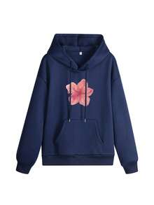 Áo sweatshirt dài tay nữ mùa đông in họa tiết hoa, có dây rút và túi, kiểu dáng rộng rãi, thoải mái, đa năng, phù hợp cho kỳ nghỉ, thời trang mùa đông dành cho nữ, thích hợp mặc hàng ngày. - Màu xanh hải quân - Xem 3