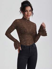 Blusa elegante y sexy de unicolor y transparente con mangas acampanadas de encaje, adecuada para invierno, Navidad y Año Nuevo