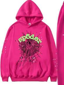 Spider Web & Floral Print Hip-Hop Hoodie Set – USA Trending Oversized Loose Fit, Unisex Men's & Women's Streetwear, Bold Graphic Pullover Sweatshirt, European-American Style Fashion Pick - Red Violet - View 3