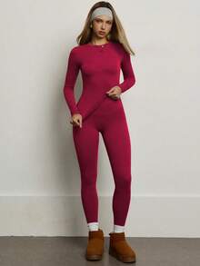 PinkTip Women's Solid Color Seamless Stretchy Long Sleeve & Long Pants Activewear Set, Butt Lifting Slim Fit Soft Workout Tracksuit For Daily Casual, Fitness, Running, Yoga, Pilates - Red - View 5