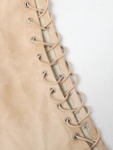 Yuwenier Punk Style PU Leather Rivet Lace-Up Front Open Backless Bustier Crop Top, Suitable For Going Out, Dates, Halloween, Women - Apricot - View 6