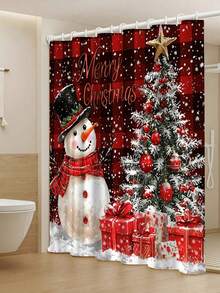 4 pezzi Set di decorazioni natalizie invernali: Tenda da doccia lavabile con motivo pupazzo di neve e albero, include 12 ganci, copriwater a forma di U antiscivolo e tappetino da bagno, adatto per decorazioni natalizie per casa e bagno, regalo