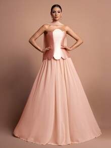 Faeriesty Style Elegant Strapless Satin Formal Evening Gown – Sleeveless Sweetheart Neckline, Petal-Trimmed Waist, Back Tie Detail & Flowing Skirt – Perfect For Weddings, Evening Galas, Celebrations & Red-Carpet Events