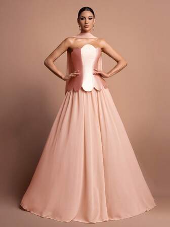 Faeriesty Style Elegant Strapless Satin Formal Evening Gown – Sleeveless Sweetheart Neckline, Petal-Trimmed Waist, Back Tie Detail & Flowing Skirt – Perfect For Weddings, Evening Galas, Celebrations & Red-Carpet Events