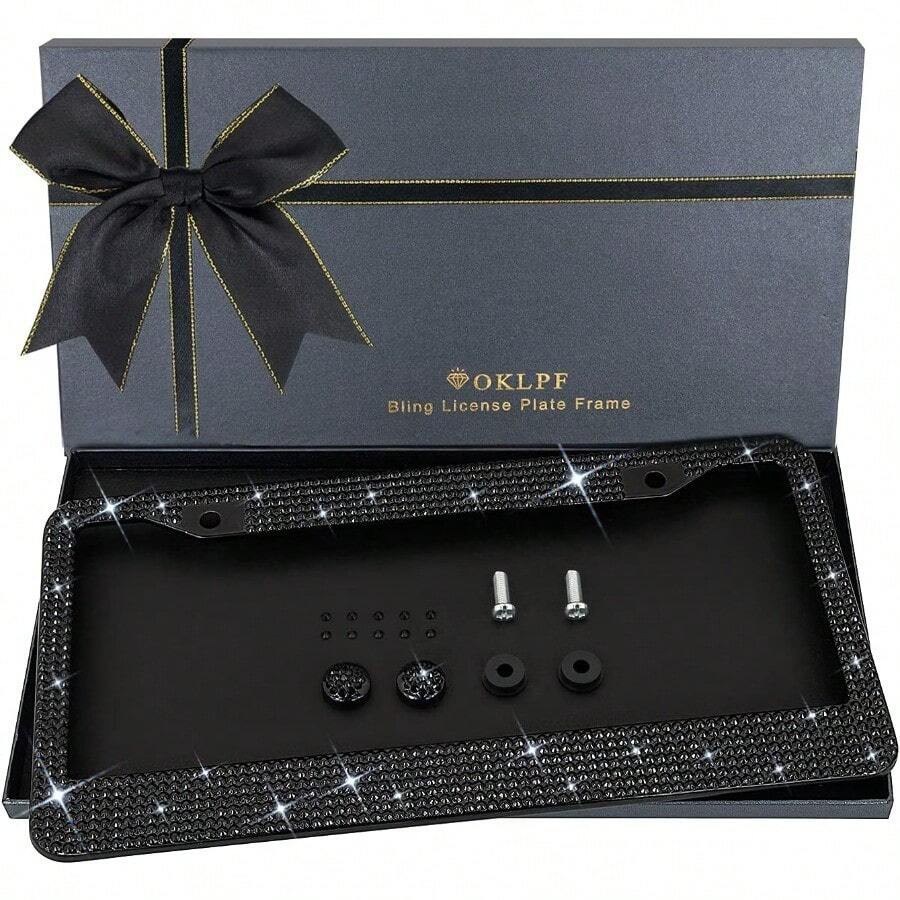 Bling License Plate Frame For Women, Sparkly Stainless Steel License Plate Frames| Over 1200 Pcs 14 Facets Clear Glass Rhinestone Crystals W/Free Glitter Diamond 1PCS Box (Black) - màu đen - Xem 1