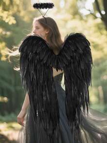 Halloween White Angel Wings With Halo And Fairy Stick, Black Feathered Angel Costume Suitable For Male And Female Cosplay - màu đen - Xem 1