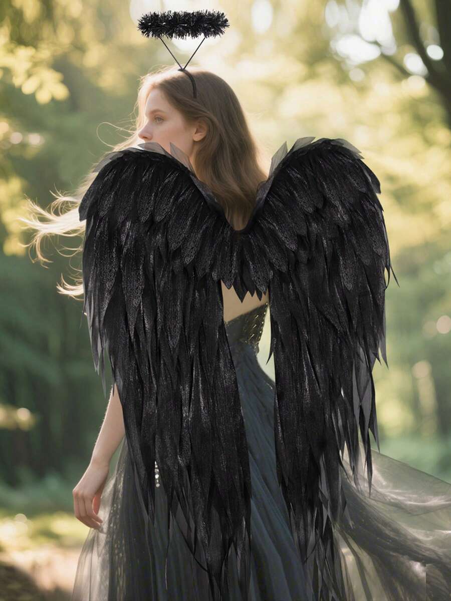 Halloween White Angel Wings With Halo And Fairy Stick, Black Feathered Angel Costume Suitable For Male And Female Cosplay - màu đen - Xem 1