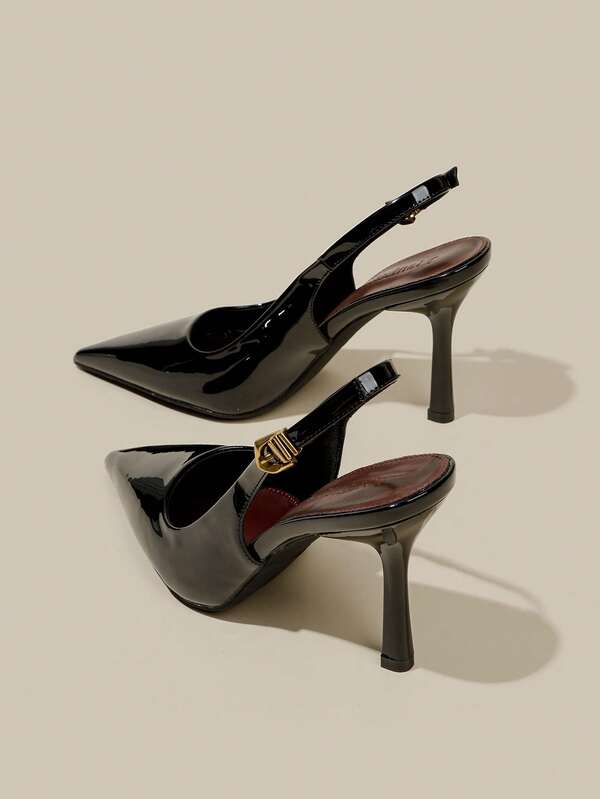 Escarpins à bout pointu et talon petit  enrobé noir pour femmes, chaussures de soirée élégantes et formelles à bout fermé avec bride à la cheville