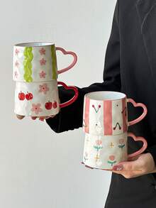 1 件 350 毫升手绘陶瓷杯，日式花卉图案，郁金香、樱桃和鲜花，色彩鲜艳，心形手柄和浮雕纹理细节，适合春季家居、与朋友共进早午餐 - 咖啡、牛奶 - 彩色 - 查看 4