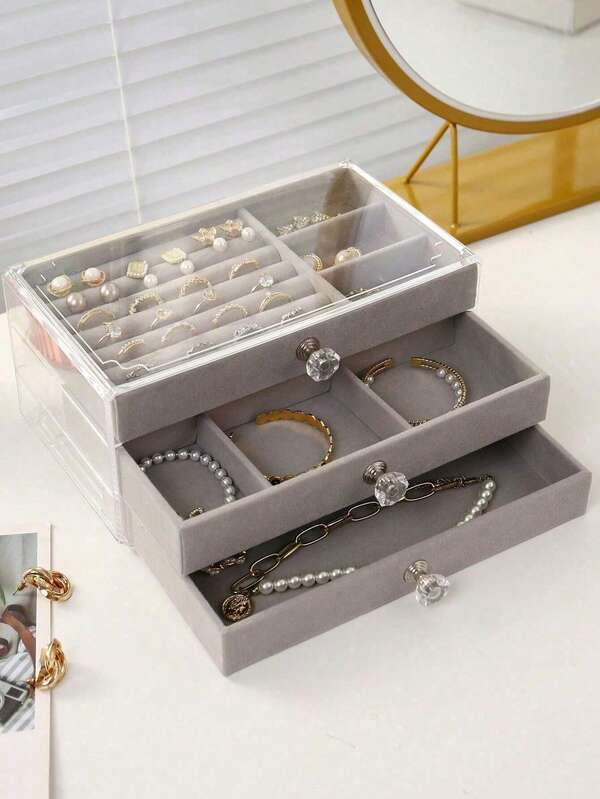 A Three-Layer Acrylic Velvet Jewelry Box With Drawer, Display Box For Earrings, Rings, And Bracelets. This Jewelry Storage Box For Necklaces, Earrings, And Rings Also Features A Display Box For Earrings, Rings, And Bracelets. This Transparent Acrylic Jewelry Box, With A Large Capacity And Drawer-Style Display Box, Features An Adjustable Velvet Tray And Is Ideal For Storing Earrings, Rings, Bracelets, Necklaces, And Bracelets At Home.