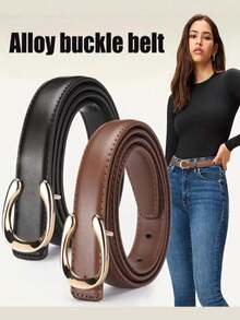 Genuine Leather Women's Solid Color Simple Buckle Decoration Fashion Black Denim Belt Summer, School,Brown Belt, Halloween - Multicolor - View 9