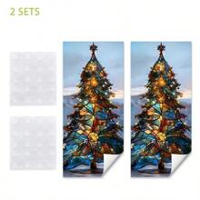 1 pieza Adhesivo de ventana de árbol de Navidad de vidrio colorido - PVC electrostático adhesivo, decoración moderna del hogar, perfecto para exhibiciones navideñas, pegatinas de pared de adornos navideños, decoración de habitación, pegatinas de pared, decoración del hogar, decoraciones navideñas, decoraciones navideñas para el hogar