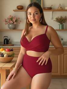Swim Chiccia 大码女式两件套纯色加厚时尚简约分体泳衣套装适合夏季海滩度假 - 酒紅色 - 查看 4