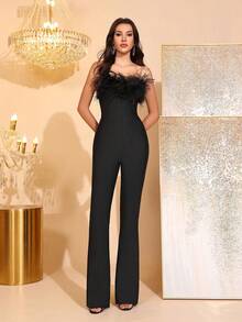 Mono de trompeta con hombro descubierto y espalda descubierta, de ajuste ceñido, con plumas falsas negras, nuevo y sexy, para mujer, para ocasiones casuales, vacaciones, fiestas de cumpleaños - Negro - Ver 2