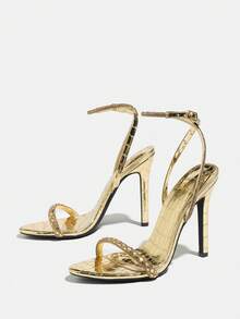 Jin Bei Qi Women's Sexy Elegant One-Strap Round Toe Stiletto High Heel Sandals, Comfortable Gold High Heels For Party And Occasion