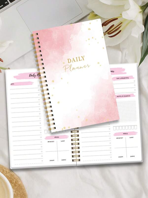 1 agenda diária rosa, caderno espiral A5 sem data com lista de tarefas, prioridades, rastreador de refeições e anotações, ótimo organizador de produtividade para trabalho, escola e autocuidado, material escolar e presentes de Natal