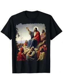 Camiseta de hombre con estampado artístico de Jesucristo y sus discípulos - 100% algodón, transpirable, para verano, ligeramente elástica, corte regular, ropa casual y religiosa (tallas S-XXXL), comodidad para el día a día. |   Top con cuello redondo |   Camiseta 100% Algodón - Negro - Ver 1
