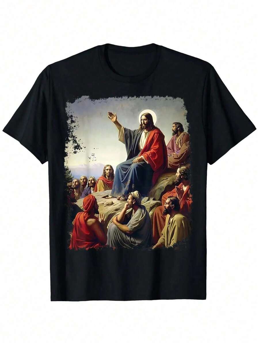 Camiseta de hombre con estampado artístico de Jesucristo y sus discípulos - 100% algodón, transpirable, para verano, ligeramente elástica, corte regular, ropa casual y religiosa (tallas S-XXXL), comodidad para el día a día. |   Top con cuello redondo |   Camiseta 100% Algodón - Negro - Ver 1