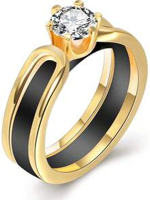 6mm White/Black Ceramic Rings Plus Cubic Zirconia For Women Comfort Fit Engagement Wedding Band Size 5-122025 - Black+Gold - View 12
