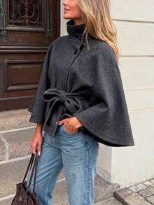 Women's Fashionable Grey Woven Cape Jacket With Button Details And Waist Belt, Flared Hem, Wrist-Length Sleeves, Regular Length Coat - Grey - View 1