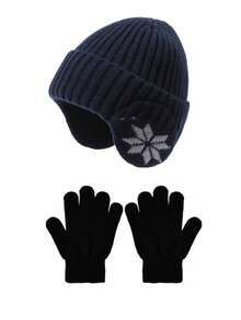 2 件套儿童冬季针织帽和手套套装，男童保暖护耳帽 - 1套 - 查看 2