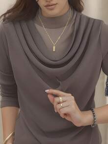 Elegante blusa de manga larga con doble volante de malla suelta, casual y versátil, para otoño/invierno y primavera de vacaciones - Café integral - Ver 6