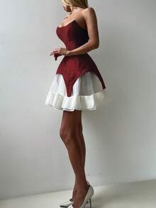 女士纯黑色不对称下摆露脐吊带背心，修身喇叭设计凸显腰线，适合日常穿着、万圣节、通勤、约会、度假、夏季派对等场合。 - 酒紅色 - 查看 8