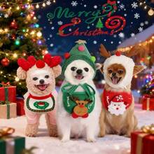 2pcs/Set Christmas Pet Hat & Bib Set, Cat Clothes & Dog Bibs For Winter, Fits 8-15 Lbs Pets