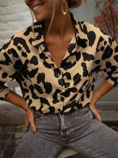 Blusa casual de mujer con estampado de leopardo, parte superior de manga larga con botones sueltos, adecuada para el trabajo, los viajes, otoño/invierno