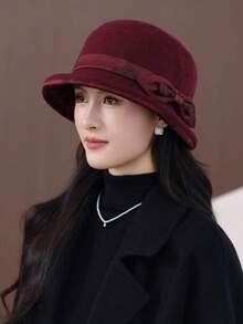 1pc Women's Solid Color Bucket Hat With Bowknot, Tie-Dye Bowknot Ribbon Decor, Rolled Edge Design, Soft Fabric, Windproof And Warm, Versatile For Daily Wear, Morning Exercise, Gathering With Friends, Holiday Outings, Elderly Outfit, Practical And Warm Accessory For Autumn/Winter