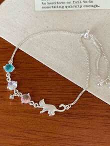 1pc Women's Fashionable Elegant Cute Cat Colorful Rhinestone Chain Bracelet, Suitable For Daily Wear