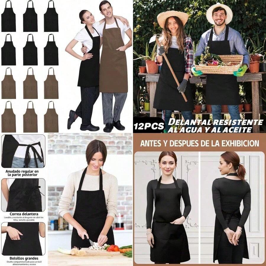 UOUOU 12 Piezas Delantal de Cocina Impermeable para Mujeres y Hombres con 2 Bolsillos y Cordon Ajustable Ideal para Jardineria Restaurante Barbacoa y Actividades Artisticas Proteccion Total y Practico Diseño Duradero - Negro + Marrón - Ver 1