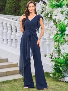UNITHORSE Bộ đồ liền thân bằng vải chiffon màu trơn, cổ chữ V, tay bồng, có thắt lưng, thích hợp cho công sở, đi làm hoặc dự tiệc. - Màu xanh hải quân - Xem 2