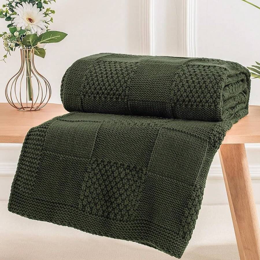 Knit Throw Blanket,Classical Checkered Blanket For Couch,Cozy Warm Knitted Throw Blanket For Bed Sofa Living Room, Decorative Stretched Throw, Lightweigh,50"X 60"Oatmeal - 綠色的 - 查看 1