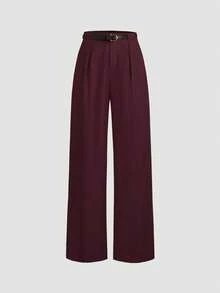 Plus Size Fold Pleated Mid-Waist Solid Color Straight Pants With Belt