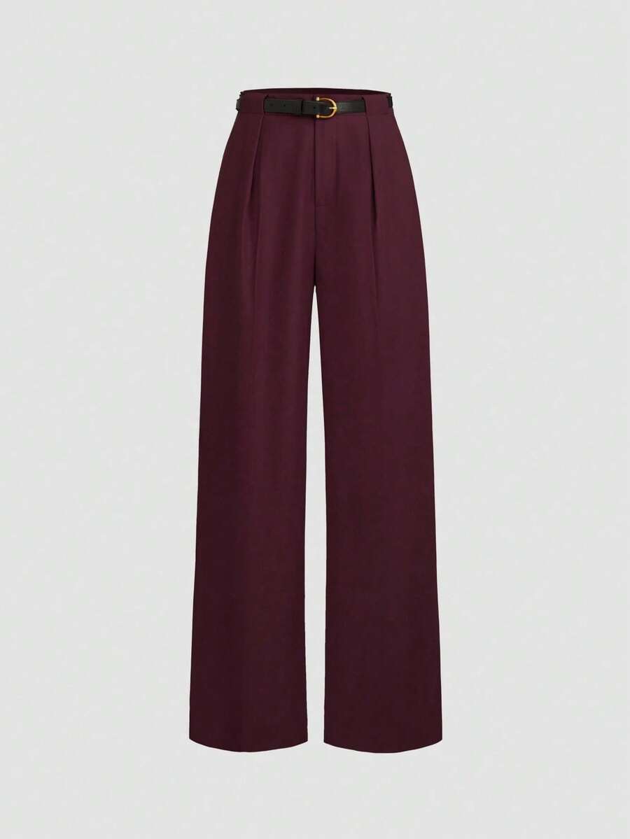Plus Size Fold Pleated Mid-Waist Solid Color Straight Pants With Belt