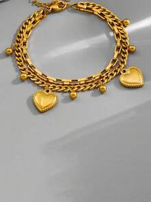 1 件双层心形不锈钢手链 - 金黃色 - 查看 5