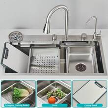 Saetow Juego de fregadero de cocina con grifo abatible, lavavajillas de alta presión y grifo de agua pura, fregadero de acero inoxidable 304 de un solo seno con caño en cascada, accesorios completos para cocina, negro mate/níquel cepillado (75 * 46 cm) - Níquel cepillado 75*46cm - Ver 3