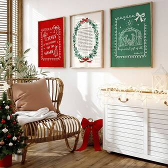 1/3pcs Christmas Nativity Wall Art Picture Festive Wreath & Manger Scene Prints Canvas Paintings Red Greem Posters Religious Holiday Wall Decor For Church, Bedroom Or Entryway Room Decor Christian Xmas Gift Unframed