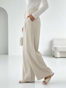 Elegant Women's Long Straight Leg Polyester Pants Featuring Draped Design Button Closure And Pockets - Khaki - View 3