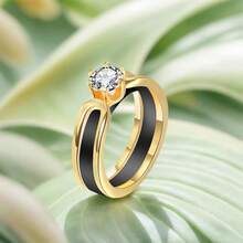 6mm White/Black Ceramic Rings Plus Cubic Zirconia For Women Comfort Fit Engagement Wedding Band Size 5-122025 - Black+Gold - View 7