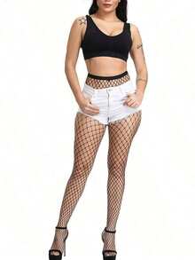 1 Pair Women's Basic Solid Black Fishnet Pantyhose, High Stretch Fishnet Stockings Stockings Women Halloween Accessories - 黑色 - 查看 4