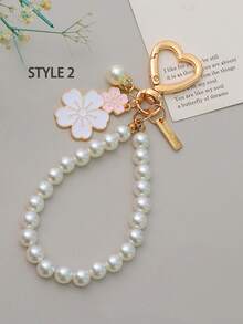 1pc Japanese Faux Sakura Flower & English Letter Charm, Metal Keychain Pendant, White Pearl Bag Decor, Birthday Gift For Mother And Female Friends - Multicolor - View 14
