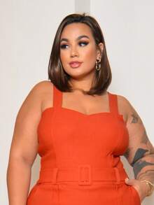 PLUS SIZE BENGALINE CROPPED TOP WITH STRAP AND POINT DETAIL - 亮橙色 - 查看 4