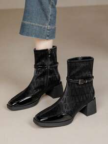 Qiluyuan Women's Fashion Ankle Boots, Short Boots For Autumn/Winter, New French Elegant Personalized Western Style With Buckle & Side Zipper, Suitable For Holiday Party, Christmas, Valentine's Day, Date, Casual, Office, Square Toe Block Heel Leather Strap Decor Ankle Booties, Wine Red, Black - Black - View 4