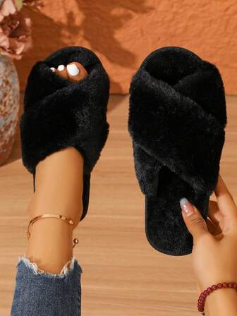 Fall/Winter Women's Cute Plush Criss-Cross Slippers, Solid Color, Casual, Lightweight, Non-Slip, Suitable For Bedroom, Indoor Use,Fluffy Slippers