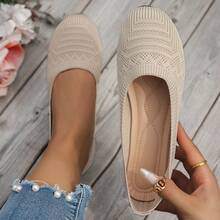 Round Toe Women Flat Shoes, Knitted Slip-On Casual Breathable Ballet Flats, Summer Lightweight Low Vamp Mother Shoes, Spring Comfortable Versatile Bohemia Style, Black, White, Olive Green, Beige, Sky Blue, Light Blue, Khaki, Light Brown, Navy, Yellow, Autumn/Spring Flats, Plus Size, Summer Mesh Sneakers, Casual Walking Shoes, Solid Color Loafers - Beige - View 16