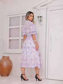 Elegant Midi Dress With Heart-Shaped Lace Embroidery, Flowers, All-Over Print, Ruffle Hem, Knot, Fashion, Daily, Elegant And Casual, All - trắng/xanh - Xem 3
