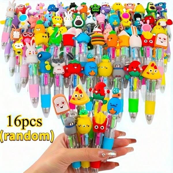 16 bolígrafos de cuatro colores, cuatro colores de tinta brillantes, con diversos patrones que incluyen frutas, aperitivos, verduras, animales, adecuados para uso diario, premios interactivos en el aula y regalos para fiestas, uso de oficina