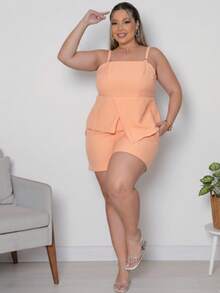 Women's Plus Size Set: Tailored Top And Shorts, Peplum Blouse, Overlay, Adjustable Straps, GG, G1, G2 - 橙鮭魚 - 查看 5